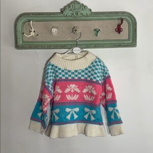 Vintage Girl’s Park Bench Kids Ruffle Hem Sweater pink blue 3T